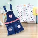Blue & Pink Kids Denim Dungaree With White Heart Printed Top