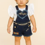 Stylish Baby Girls Denim Dungaree Set with White Puff Sleeve Top
