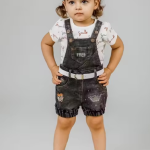 Bublee Dublee Kids Black Denim Dungree with Hosiery Printed Top Half Sleeves Adjustable Straps & Button Closures