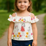 Bublee Dublee Stylish Girls Outfit Multicolour Ruffle Sleeve Top with Blue Denim Jeans