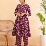 💜 Women Cotton Floral Printed Anarkali Kurta with Palazzo Set – Purple