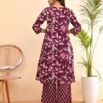 💜 Women Cotton Floral Printed Anarkali Kurta with Palazzo Set – Purple