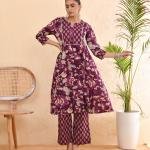 💜 Women Cotton Floral Printed Anarkali Kurta with Palazzo Set – Purple