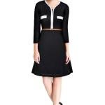 Elegant Contrast Trim 3/4 Sleeve A-Line Dress with Belt – Black