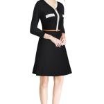 Elegant Contrast Trim 3/4 Sleeve A-Line Dress with Belt – Black