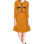 Elegant Contrast Trim 3/4 Sleeve A-Line Dress with Belt – Black