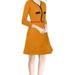 Elegant Contrast Trim 3/4 Sleeve A-Line Dress with Belt – Black