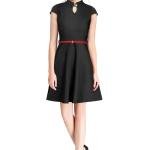 Elegant High-Neck Cap Sleeve A-Line Dress with Contrast Belt – Black