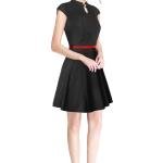 Elegant High-Neck Cap Sleeve A-Line Dress with Contrast Belt – Black