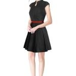 Elegant High-Neck Cap Sleeve A-Line Dress with Contrast Belt – Black