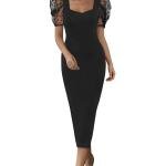 Women's Midi Length Sheer Polka Dot Puff Sleeves Square Neck Slim Fit Black
