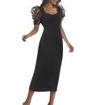 Women's Midi Length Sheer Polka Dot Puff Sleeves Square Neck Slim Fit Black