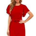 Women’s Elegant Red Flutter Sleeve Belted Dress