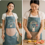 Waterproof Kitchen Apron for Women, Blue Bunny Design with Large Storage Pocket