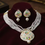 Multicolor pendant Enamel Pearl Necklace and Earring Set, Traditional Kundan Jewelry
