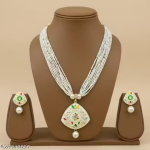 Multi-Layered Pearl Necklace Set with Enamel Pendant & Matching Earrings