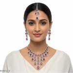 Red Necklace Set for Women | Bridal Jewelry Set with Long Earrings & Maangtika