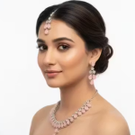 Pink & White Necklace Set for Women | Heavy Jewelry Set with Long Earrings & Maang tika