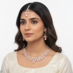 Pink & White Necklace Set for Women | Heavy Jewelry Set with Long Earrings & Maang tika