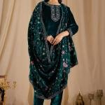 Floral Embroidered Sequinned Velvet Straight Kurta With Trousers & Dupatta