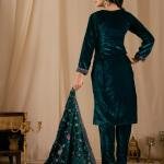 Floral Embroidered Sequinned Velvet Straight Kurta With Trousers & Dupatta
