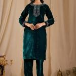 Floral Embroidered Sequinned Velvet Straight Kurta With Trousers & Dupatta