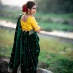 D 93 💚 Royal Green Velvet Saree with Yellow Blouse 💛