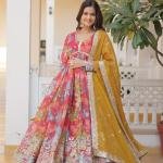 D 41 🌸 Multicolor Floral Anarkali Gown with Mustard Dupatta 🌸