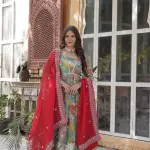 D 65 ✨ Elegant Floral Anarkali Gown with Red Dupatta ✨