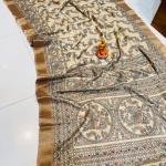 Beige Tussar Silk Saree with Hand-Painted Madhubani Motifs – Birds, Florals & Geometry