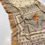 Handcrafted Tussar Silk Saree with Madhubani-Inspired Floral & Circular Motifs – Beige & Bronze