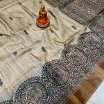Handcrafted Tussar Silk Saree with Vibrant Madhubani Circular & Scattered Motifs – Beige & Bronze Elegance