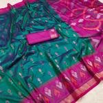 Handwoven Ikat Pochampally Silk Saree in Hot Pink with Multicolor Pallu & Dark Brown Blouse