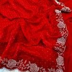 Crimson Elegance: Handcrafted Red Satin Georgette Saree with Stone Embellishments