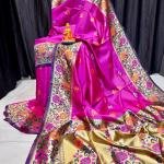 Handcrafted Fuchsia Pink Khadi Paithani Silk Saree with Broad Gold Zari Border & Vibrant Floral Meena Work