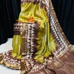 Handcrafted Bronze & Aubergine Modal Silk Saree with Off-White Geometric Prints and Gold Accents & Blouse Piece
