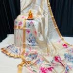 Handcrafted Cream Modal Silk Saree with Multicolor Floral Prints, Gold-Peach Borders & Blouse Piece