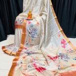 Handcrafted Cream Modal Silk Saree with Multicolor Floral Prints, Gold-Peach Borders & Blouse Piece