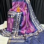 Handcrafted Bronze & Aubergine Modal Silk Saree with Off-White Geometric Prints and Gold Accents & Blouse Piece