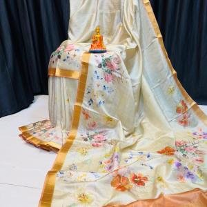 Handcrafted Cream Modal Silk Saree with Multicolor Floral Prints, Gold-Peach Borders & Blouse Piece