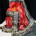 Handcrafted Bronze & Aubergine Modal Silk Saree with Off-White Geometric Prints and Gold Accents & Blouse Piece