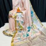 Handcrafted Cream Modal Silk Saree with Multicolor Floral Prints, Gold-Peach Borders & Blouse Piece