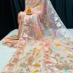 Ivory Bloom – Handcrafted Pure Muslin Saree with Gold Border & Multicolor Floral Motifs