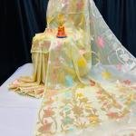 Ivory Bloom – Handcrafted Pure Muslin Saree with Gold Border & Multicolor Floral Motifs