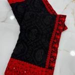 Exquisite Black & Red Handcrafted Pure Chiffon Lucknowi Chikankari Saree with Blouse Piece
