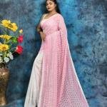 Charming Two-Tone Handcrafted Hakoba Saree in Light Pink & White – Embroidered with Sequins
