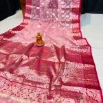 Luxury Handwoven Muslin Organza Saree – Coral Elegance with Rani Pink Accents