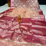 Luxury Handwoven Muslin Organza Saree – Coral Elegance with Rani Pink Accents