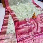 Luxury Handwoven Muslin Organza Saree – Coral Elegance with Rani Pink Accents