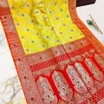 Radiant Yellow & Red Handwoven Puri Gazzi Satin Saree with Traditional Zari Pallu & Blouse Piece